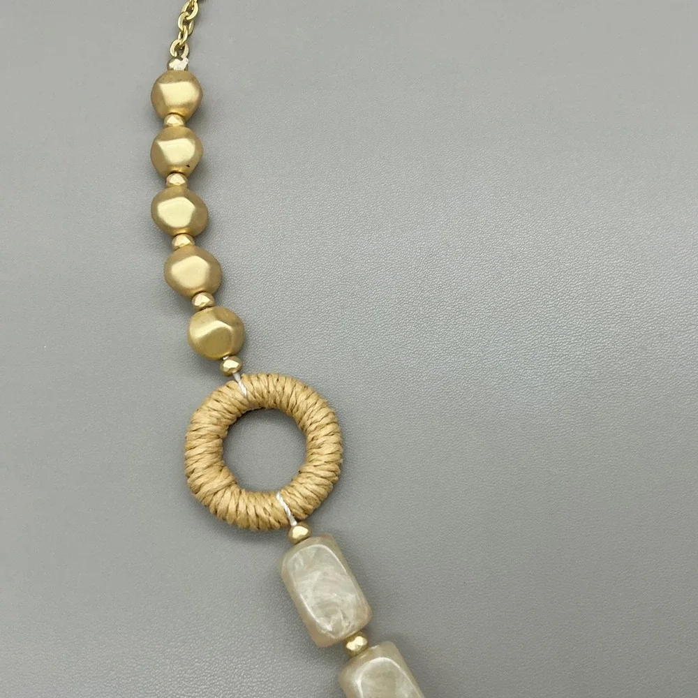 Plunder Necklace Women Gold Tone Mixed Bead Raffia Woven Boho Long Adjustable